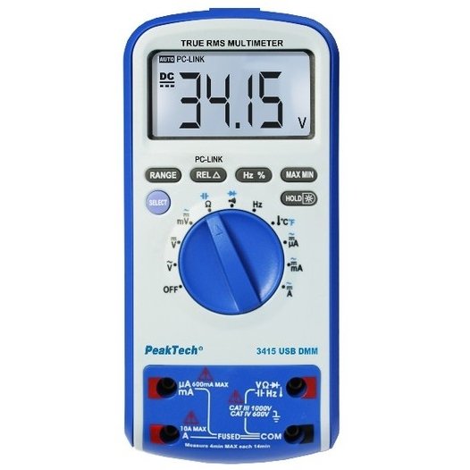 Multimetru digital TRMS, USB (6000 counts, măsurare frecvențe, temperaturi & capacități) - Peaktech P3415