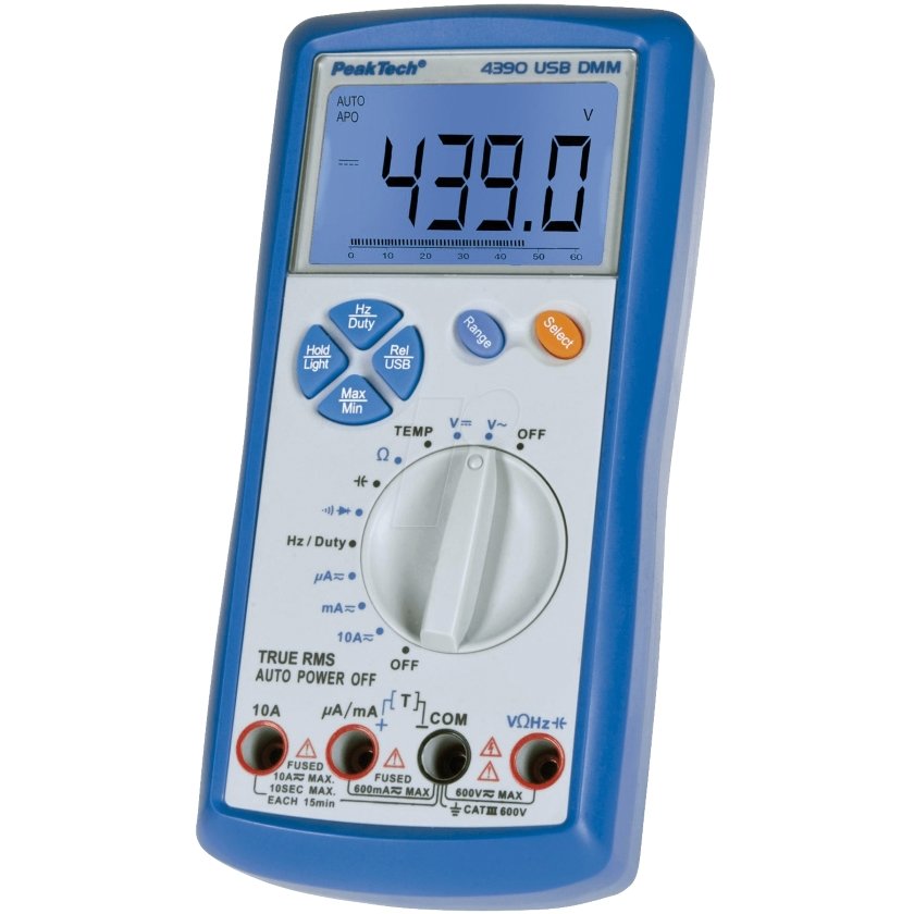 Multimetru digital TRMS, USB (6000 counts, 600V AC/DC, 10A AC/DC) - Peaktech P4390