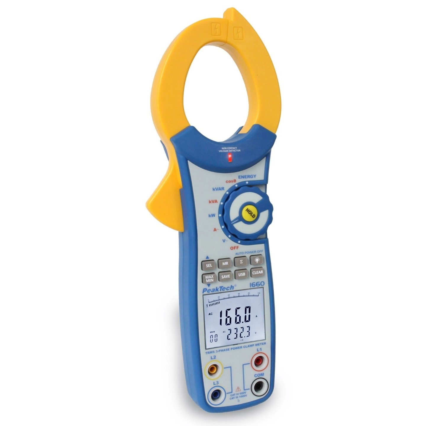 Peaktech P1660 - 1&3 Phase TRMS Digital Power Clamp Meter, 750 kW, USB