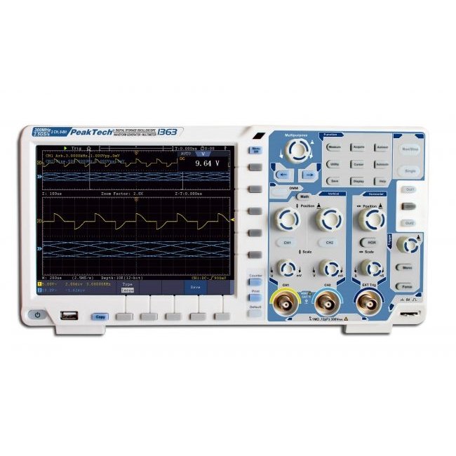 Osciloscop, Multimetru, Generator de unde de forme arbitrare, 300 MHz, 2 canale, 2.5 GSa/s, ecran tactil - P1363