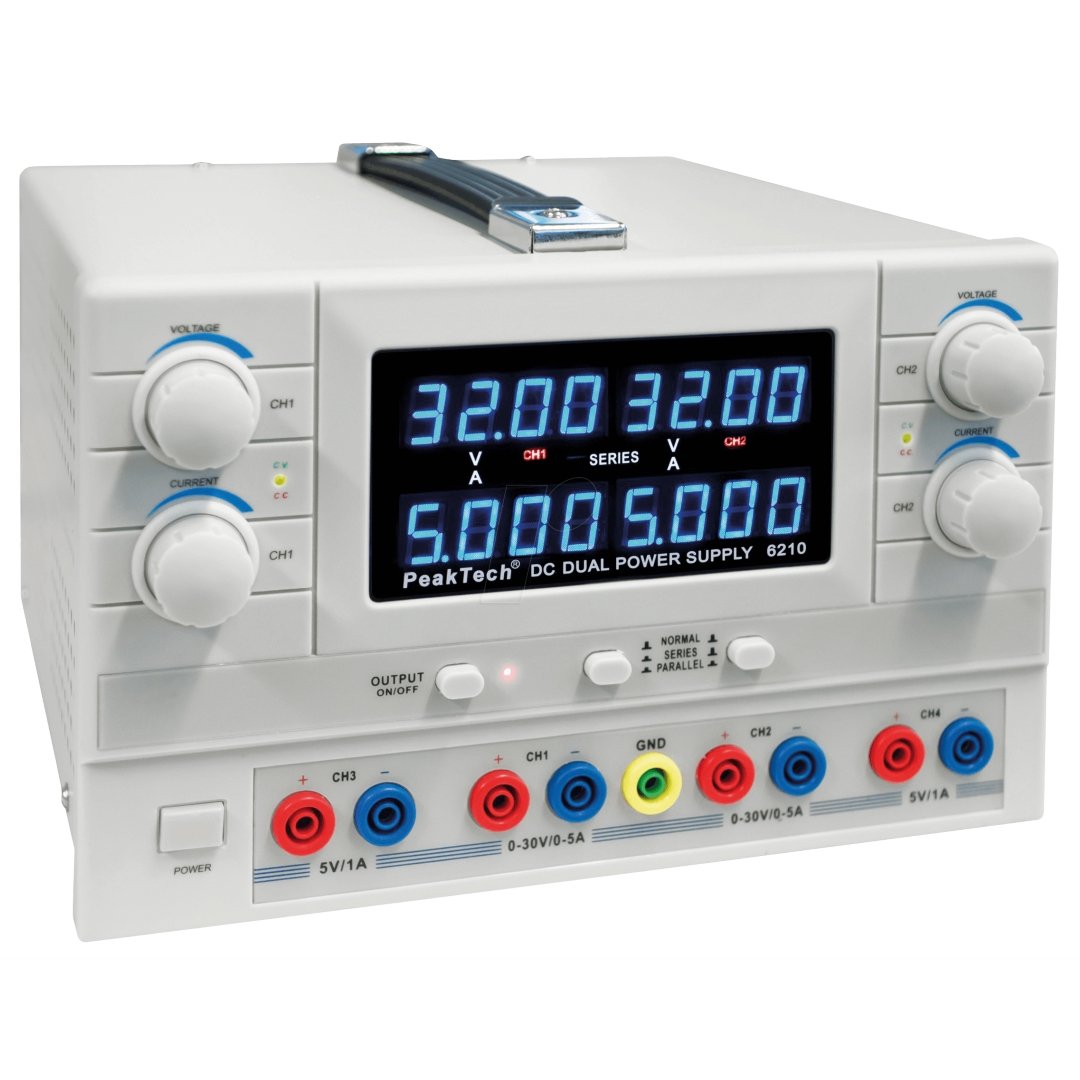 Surse lineare cu 2, 3 sau 4 canale ( reglabile și fixe, până la 30V/5A)  - Peaktech P6205 & P6210 & P6215