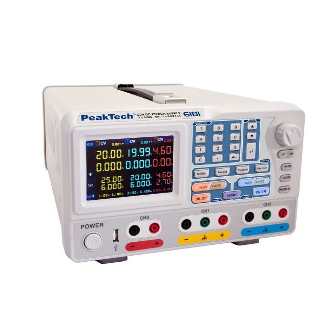 Sursă DC programabilă cu 3 canale (2x 0-30 V @ 2x 0-6 A; 1x 0-6 V @ 0-3 A) - P6181